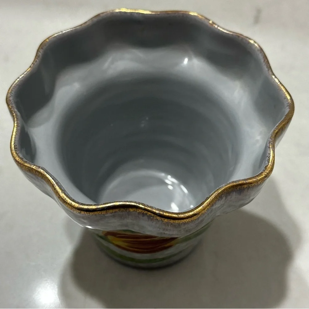 Vintage Italian Hand Painted Planter Marbled Blue Gold Rim Red Flower ITALY